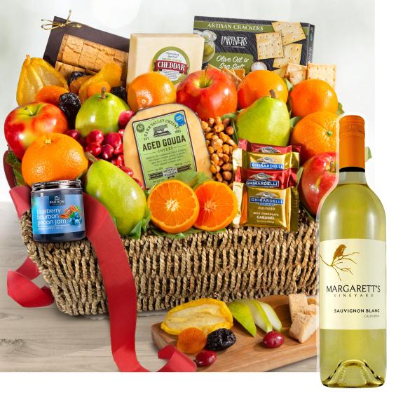 WA4016-NF04703, California Farmstead Fruit Basket with Wine - Margaretts Vineyard Sauvignon Blanc