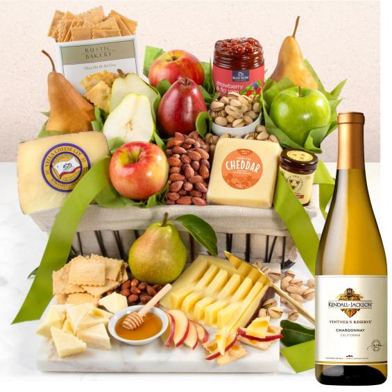 WA4016-NF04703, California Farmstead Fruit Basket with Wine - Margaretts Vineyard Sauvignon Blanc