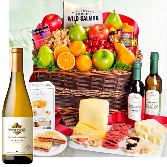 WA4018-NF04702, Generous Gourmet Market Favorites Fruit Basket with Wine - Kendall-Jackson Chardonnay