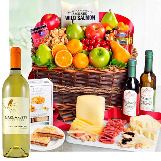 WA4018-NF04703, Generous Gourmet Market Favorites Fruit Basket with Wine - Margaretts Vineyard Sauvignon Blanc