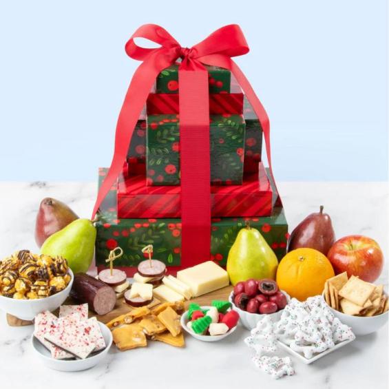 AT0239, Merry Mistletoe Deluxe Christmas Fruit, Cheese & Snacks Tower