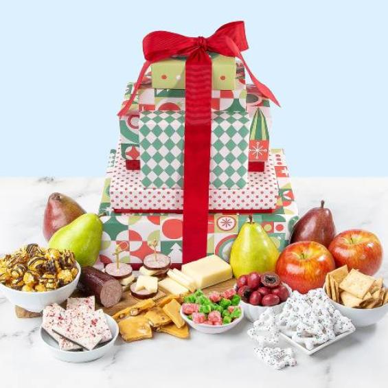 AT0239, Merry Mistletoe Deluxe Christmas Fruit, Cheese & Snacks Tower