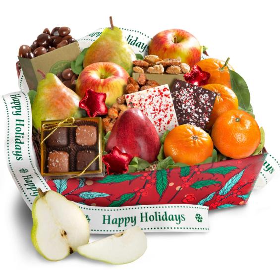 AA4078H, Holiday Treasures Fruit Basket with Happy Holidays Ribbon