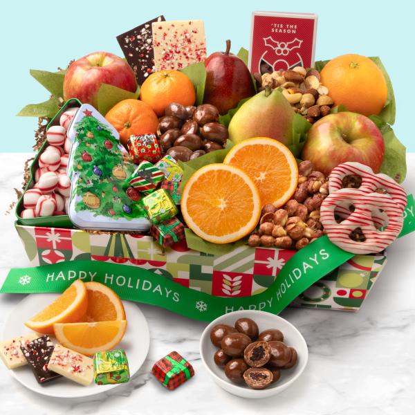 Happy Holidays Chocolate, Nuts & Fresh Fruit Gift Basket AA4048H, Happy Holidays Chocolate, Nuts & Fresh Fruit Gift Basket