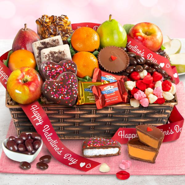 AA4050V, Valentine Treasures Fruit Basket Gift with Valentine Ribbon