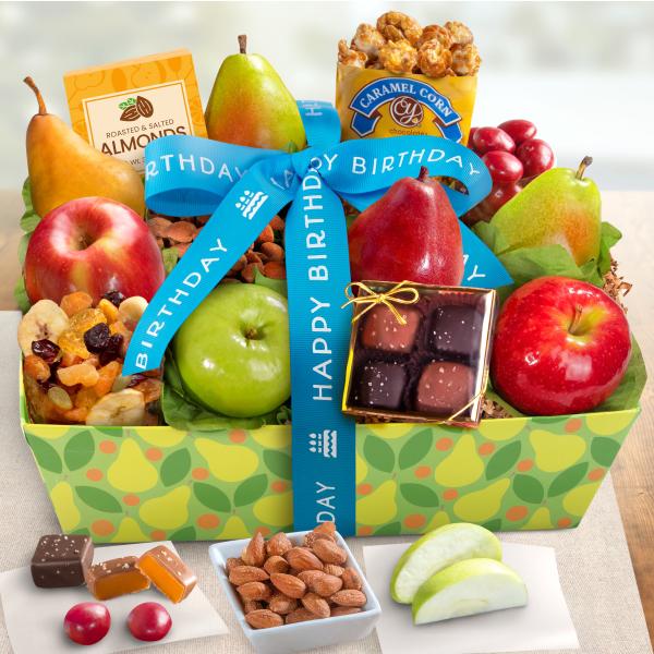 AA4094B, Happy Birthday Orchard Delight Fruit and Gourmet Basket