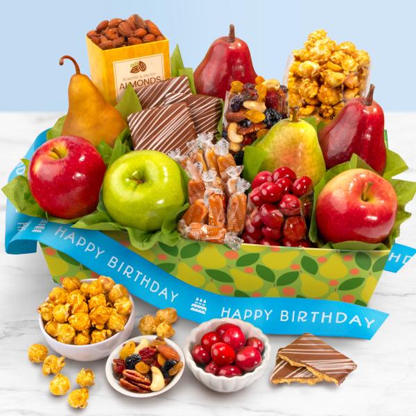AA4094B, Happy Birthday Orchard Delight Fruit and Gourmet Basket