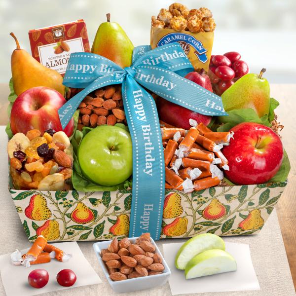 AA4094B, Happy Birthday Orchard Delight Fruit and Gourmet Basket