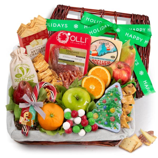 AA5005H, Holiday Tidings Deluxe Gourmet Gift Basket with Happy Holidays Gift Ribbon