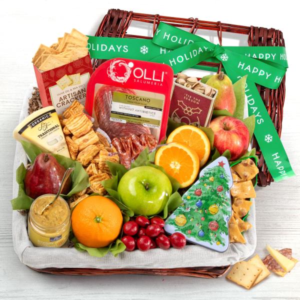 AA5005H, Holiday Tidings Deluxe Gourmet Gift Basket with Happy Holidays Gift Ribbon