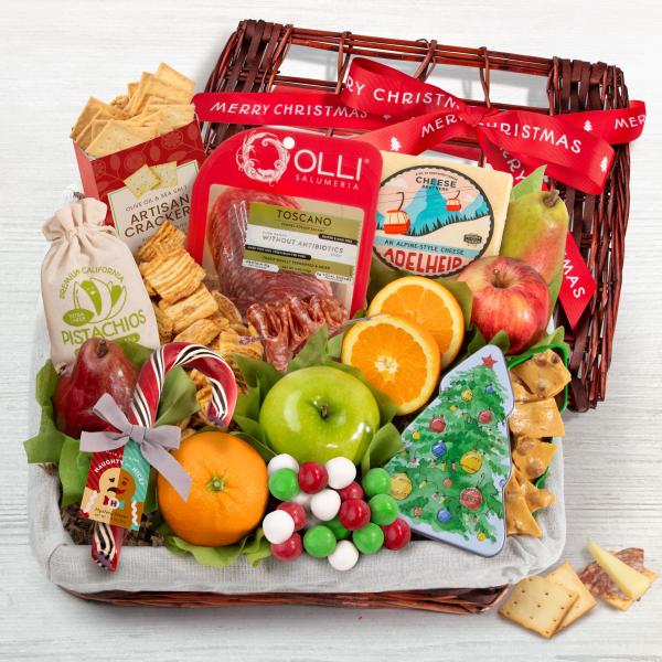 AA5005X, Holiday Tidings Deluxe Gourmet Gift Basket with Merry Christmas Gift Ribbon