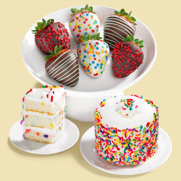 ACD1006-CK1000, Happy Birthday Dipped Strawberries with Petite Birthday Cake - 6ct