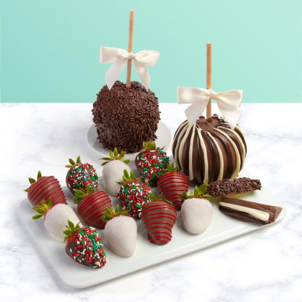ACD2030-CA2000, 12 Christmas Dipped Berries with 2 Dark & White Dipped Caramel Apples