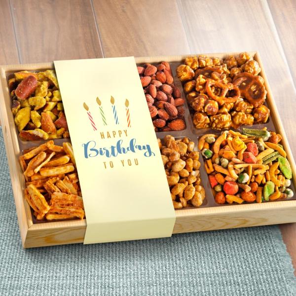 AP8029B, Happy Birthday Crunch 'n Munch Snack & Nut Variety Tray Gift Box