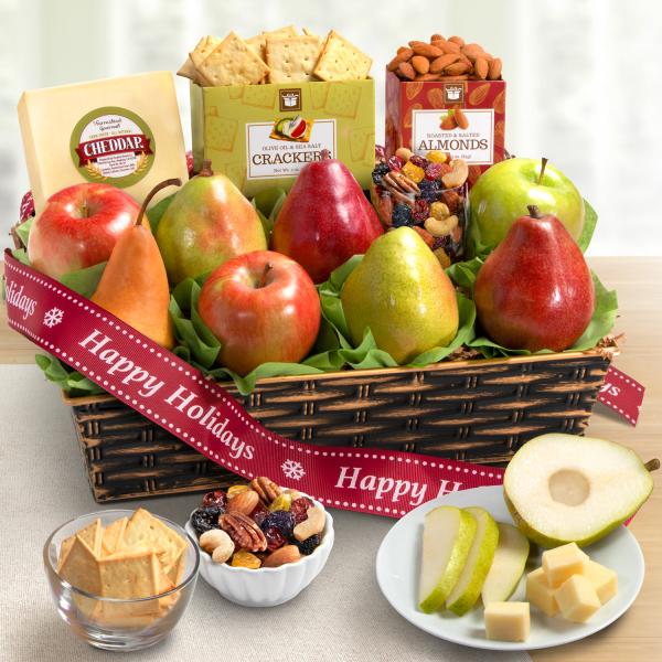 MRS-23GBASKET2H, Classic Fruit & Gourmet Gift Basket with Happy Holidays Ribbon