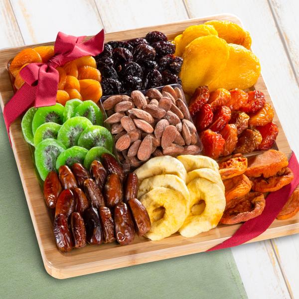 AP8075, Dried Fruit Assortment with Almonds on Bamboo Cutting Board Serving Tray