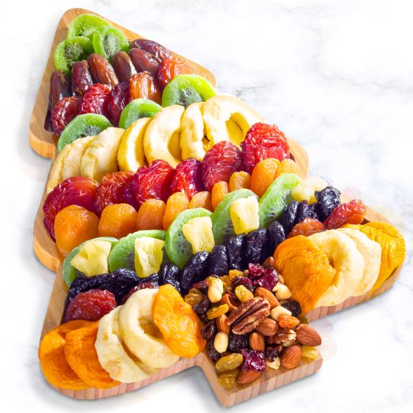 Season's Greetings Dried Fruit and Nuts on Tree Shaped Bamboo Cutting Board AP8090, Season's Greetings Dried Fruit and Nuts on Tree Shaped Bamboo Cutting Board