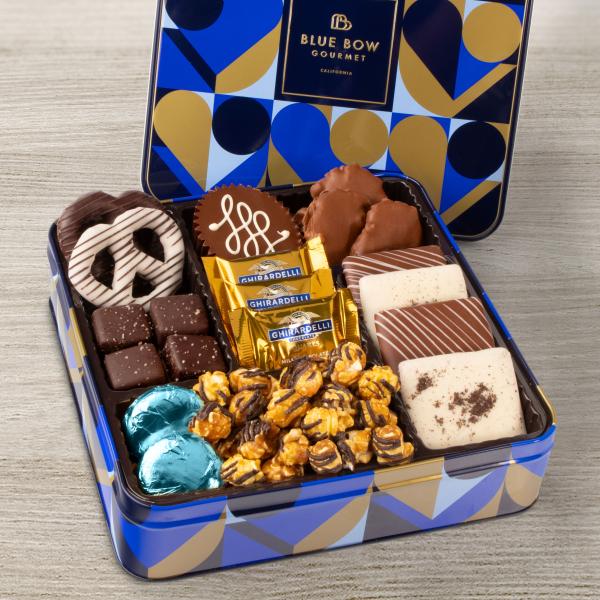 TN1005, Blue Bow Gourmet Chocolate Tin