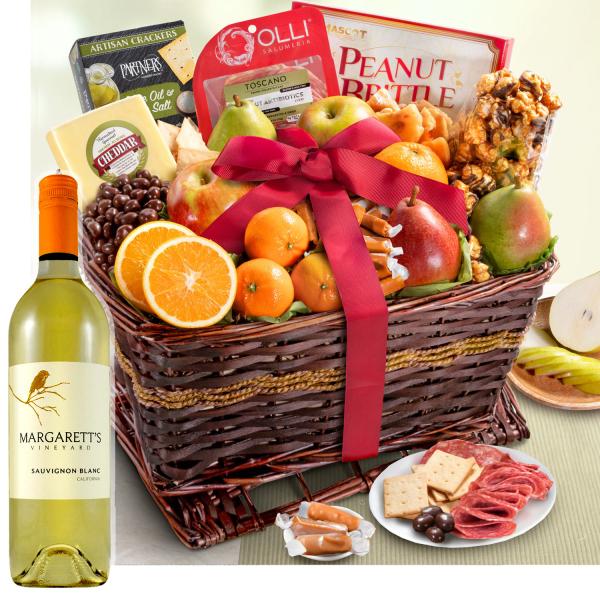 WA4102-NF04703, Abundance Classic Fruit Basket with Wine - Margaretts Vineyard Sauvignon Blanc