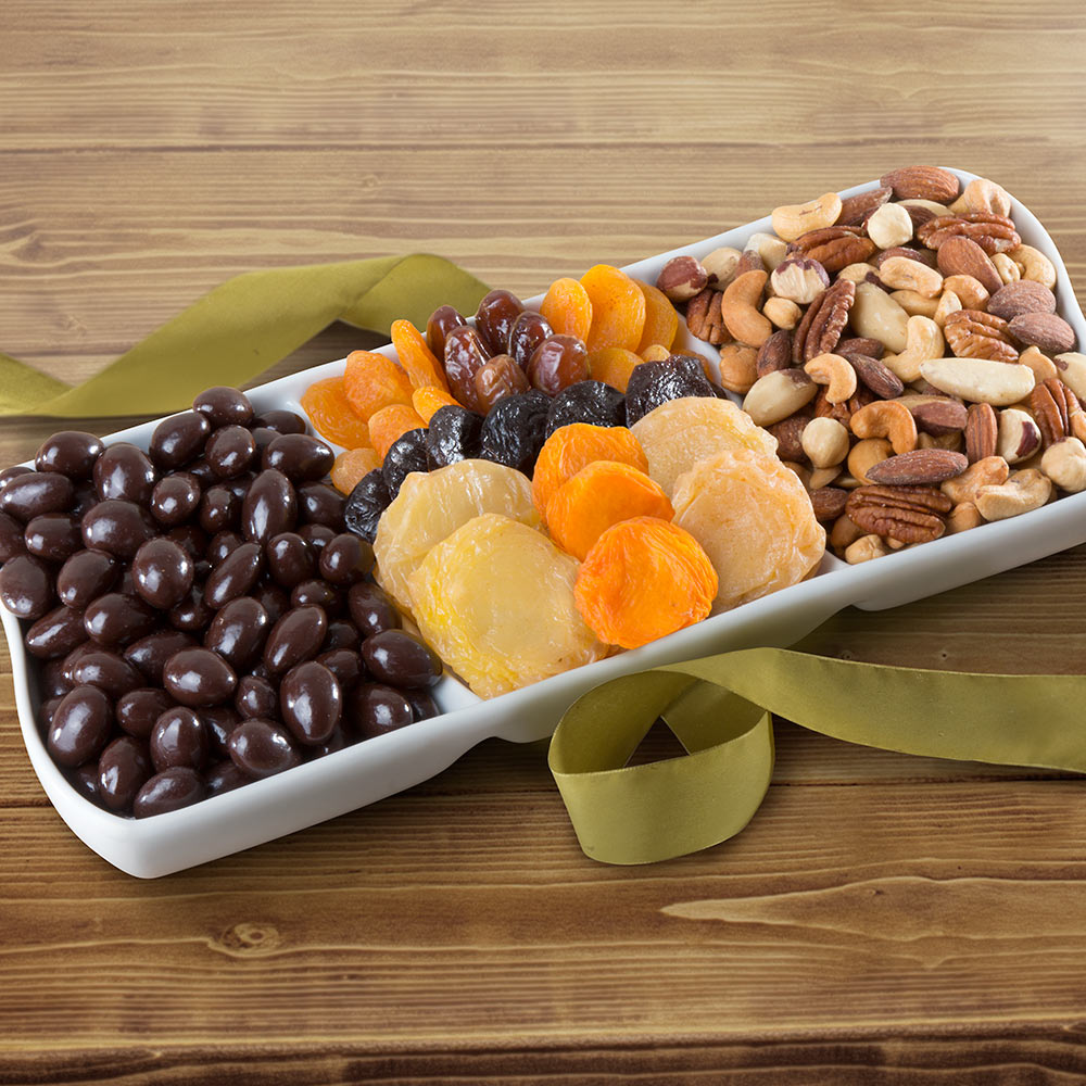 Dried Fruit with Chocolate and Savory Nuts in Keepsake Ceramic Serving Tray