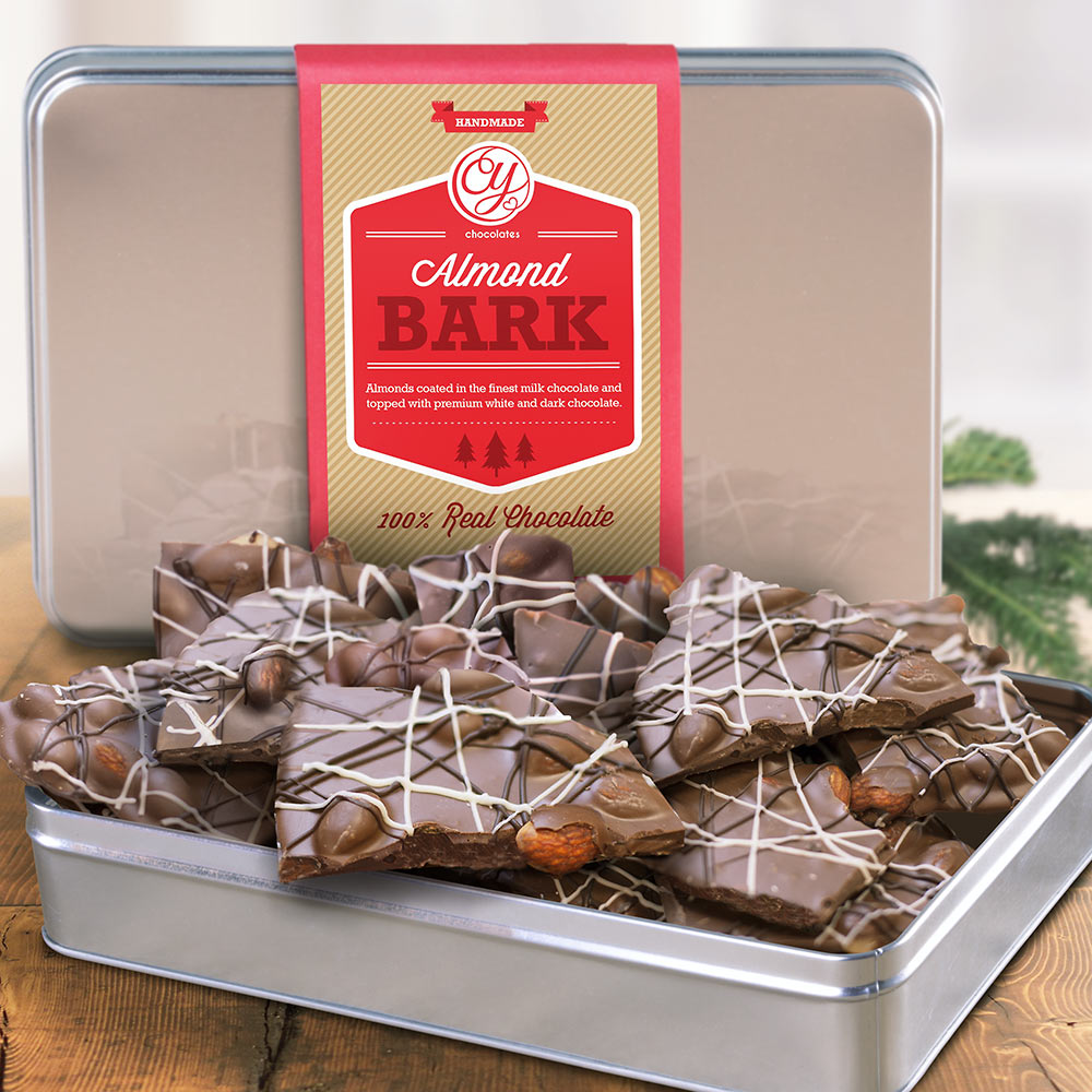Milk Chocolate Almond Bark Drizzled in Dark and White Chocolates in Silver tin