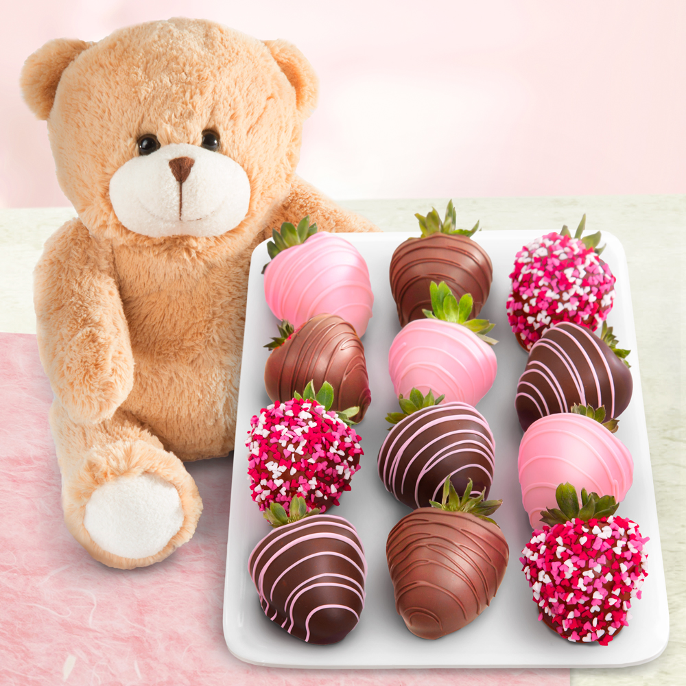 12 Love Berries Chocolate Covered Strawberries with a 9 Plush Bear
